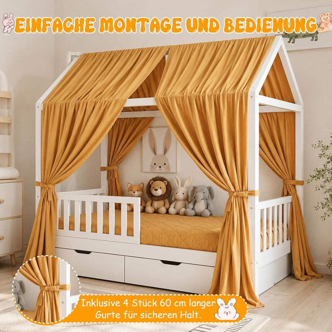 2 Stück Hausbett Himmel, Betthimmel Hausbett aus 100% Baumwolle Musselin | H270 x B67 cm Stoffhimmel