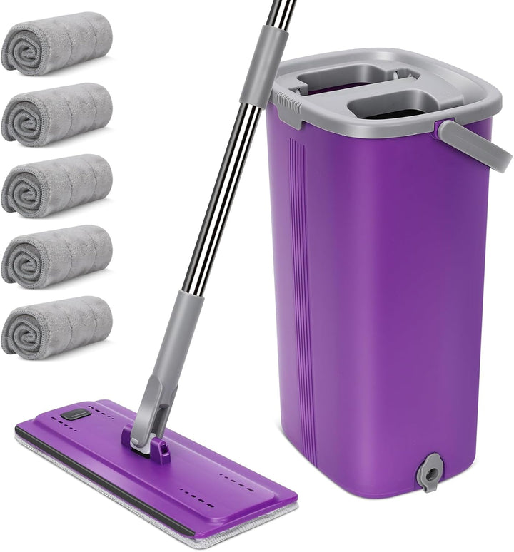 MASTERTOP Wischmopp Set mit Eimer, Bodenwischer Set mit 5 Mikrofaser Pads und Edelstahl Griff, Flach