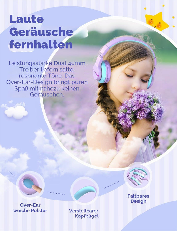 iClever Bluetooth Kinder Kopfhörer, Farbige LED-Leuchten, Kinderkopfhörer Over-Ear mit 74/85/94dB La