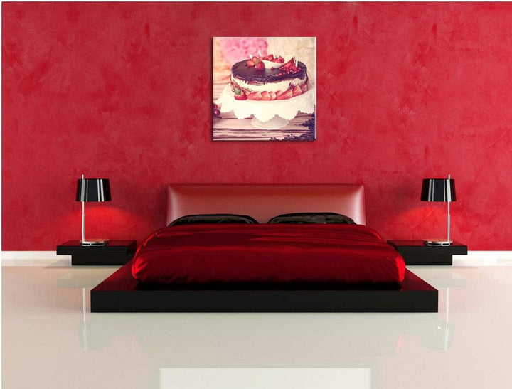 Köstliche Erdbeertorte, Format: 70x70 auf Leinwand, XXL riesige Bilder fertig gerahmt mit Keilrahmen