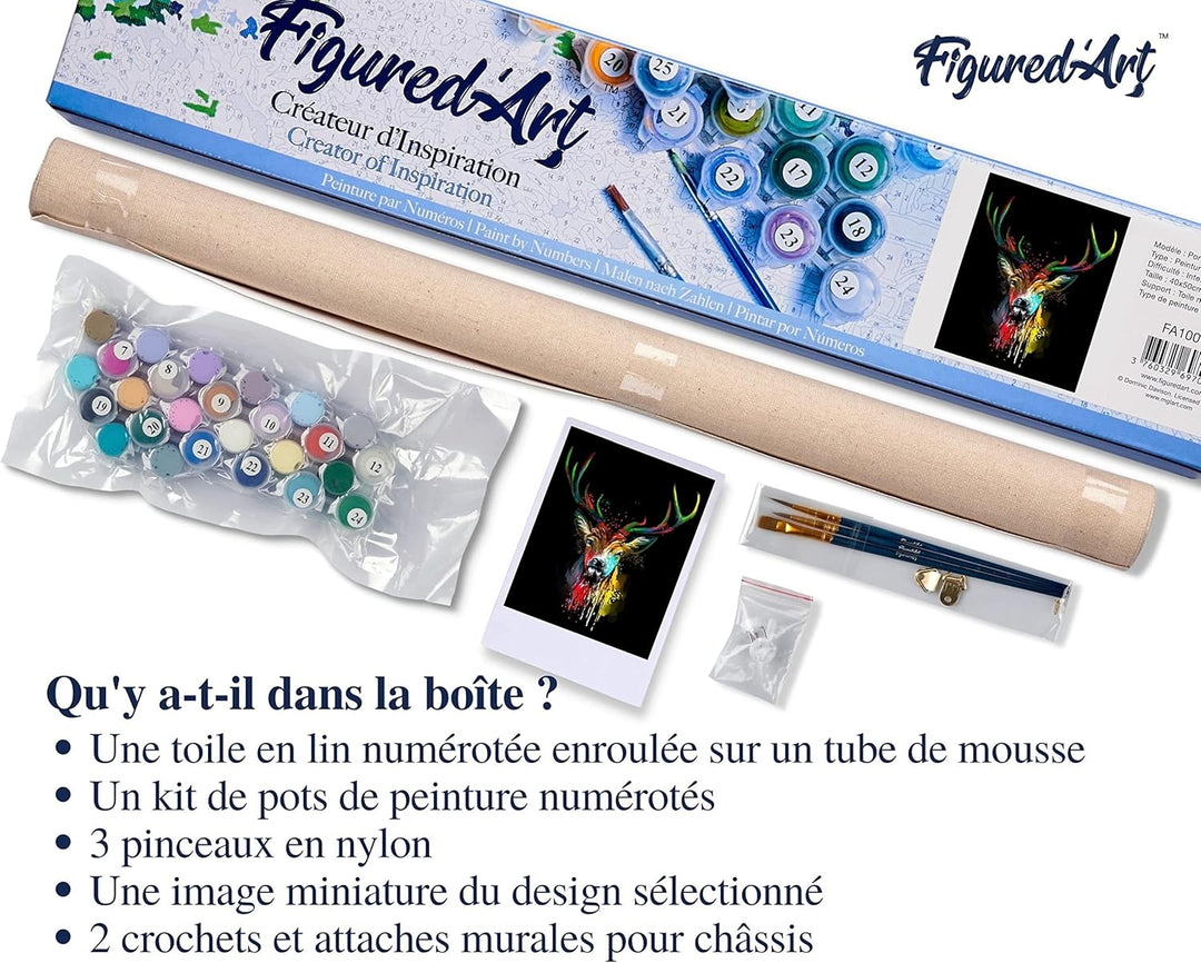 Figured'Art Malen Nach Zahlen Erwachsene Hirsch in Farbe - Paint by Numbers Basteln DIY Bastelset 40