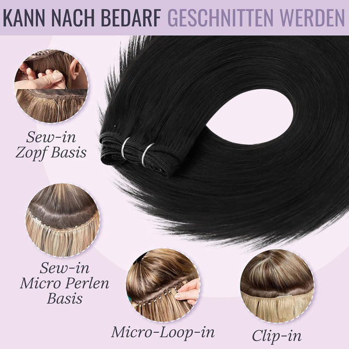 fshine Echthaar Tressen Zum Einnähen Pechschwarz Tressen Echthaar Extensiones 50cm/20zoll 100 Gramm