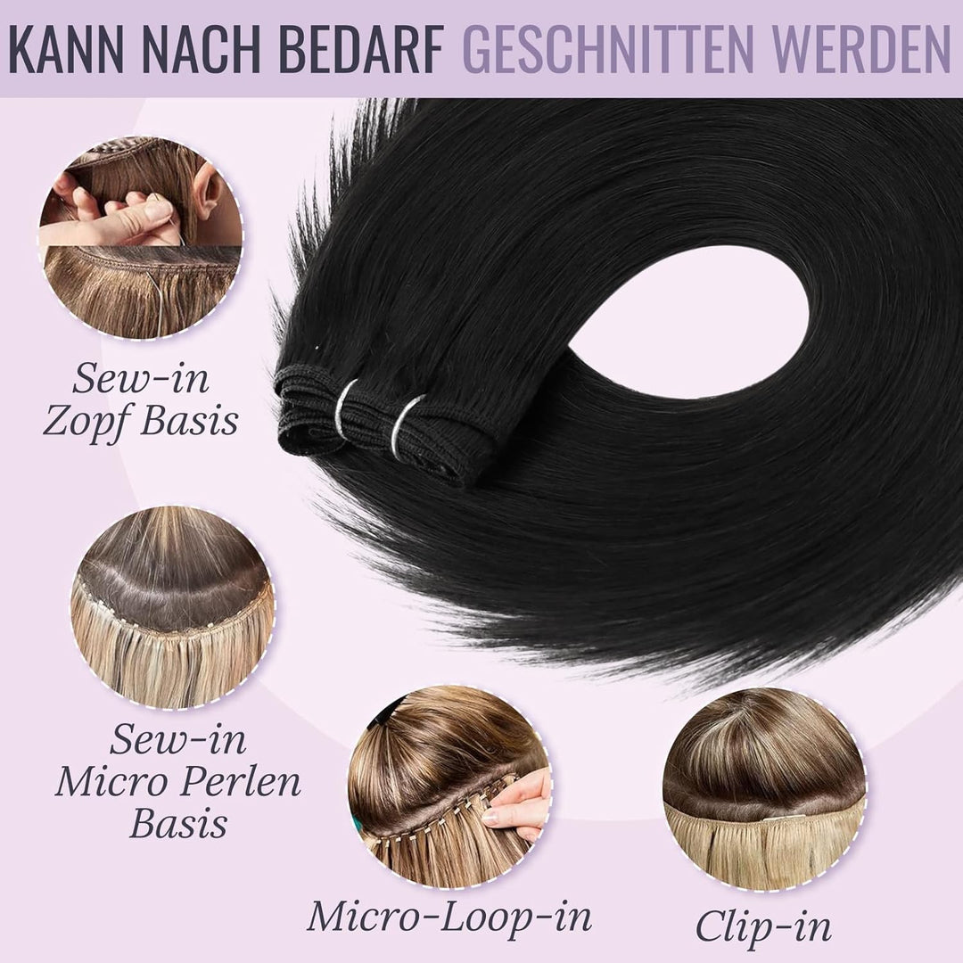 Fshine Echthaar Extensions Tressen Pechschwarz 35cm 100g Tressen Extensions Echthaar Haarverlängerun