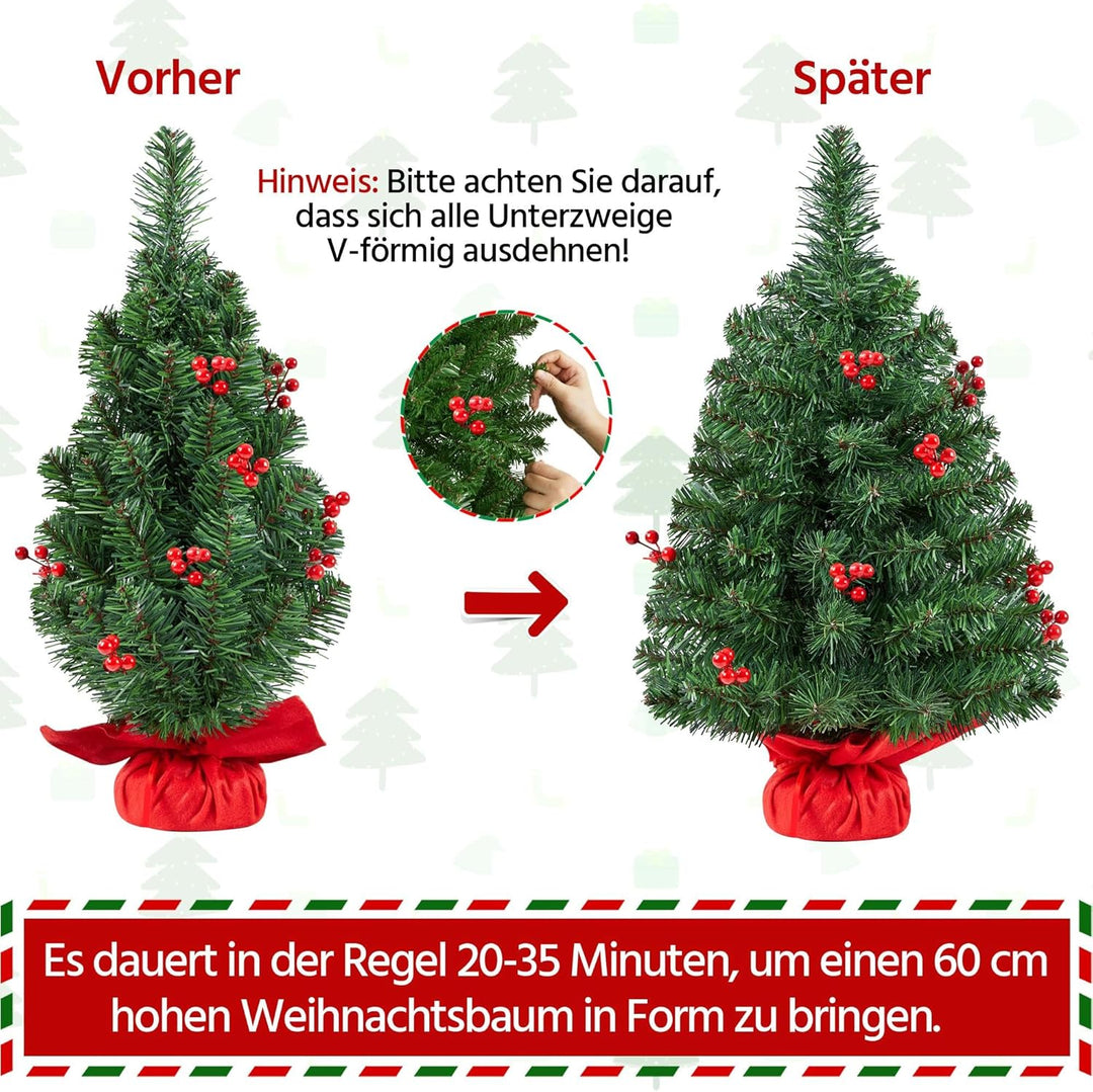 Yaheetech 50cm Mini Künstlicher Weihnachtsbaum mit 35 Warmweiss LED Beleuchtung & 40 Roten Beeren Kl