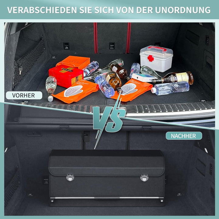 60L Premium Leder Auto Kofferraum Organizer mit Deckel - Stabiler Griffe & Metallschloss, Multifunkt