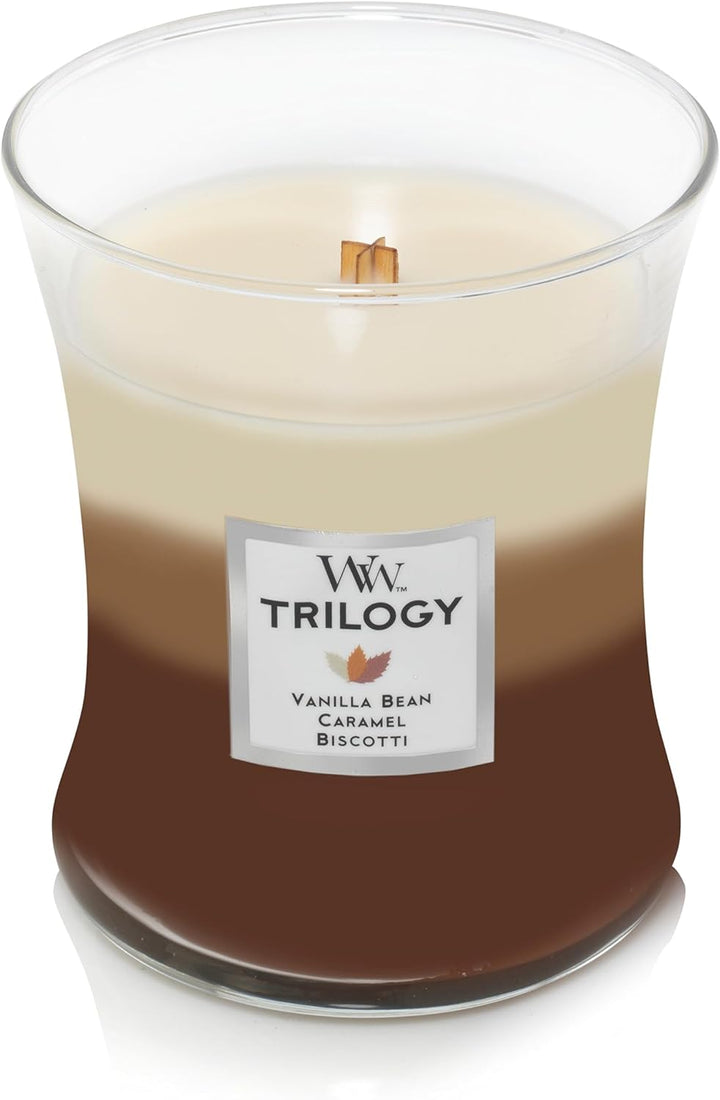Mittelgrosse WoodWick Trilogy-Duftkerze im Sanduhrglas mit Pluswick-Innovation, Café Sweets