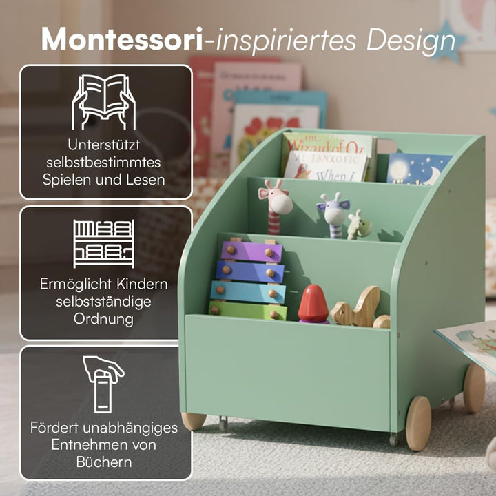 Bellabino Towy Kinderregal – Kinder Bücherregal mit 3 Fächern – Montessori Regal Mintgrün - Aufbewah