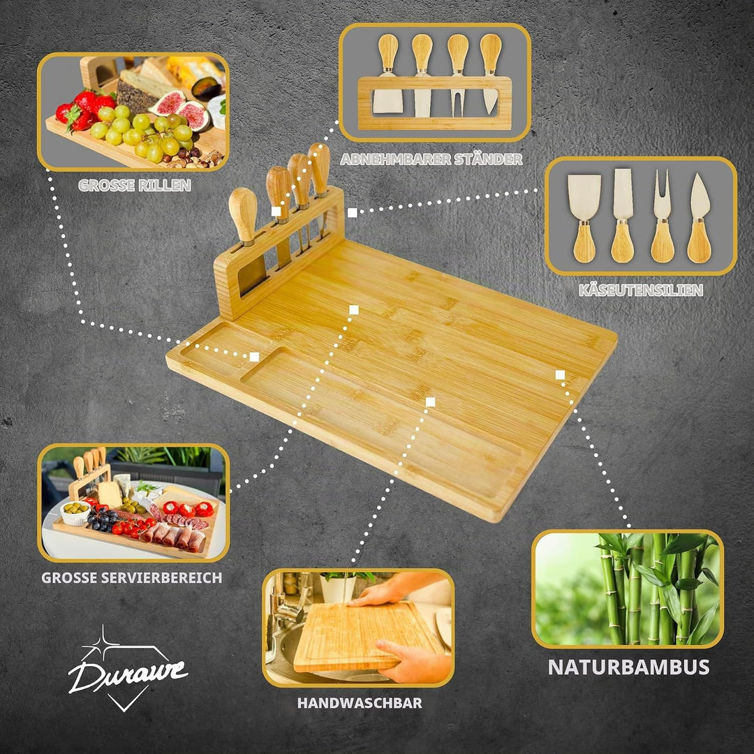 Bambus Käsebrett mit 4 Messern und Abnehmbarem Halter – Servierplatte mit Snack-Fächern, Charcuterie