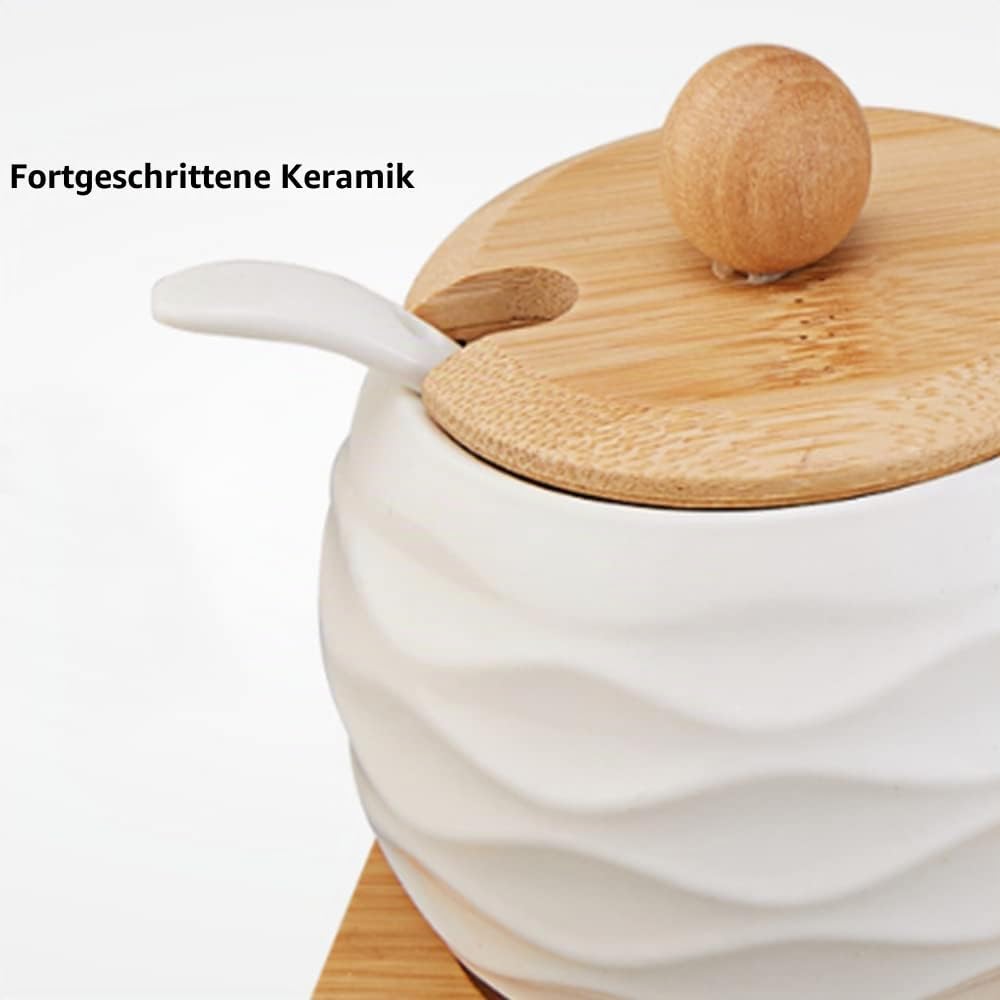 Keramik Gewürzdosen Set, Keramik Gewürzgläser mit Löffeln und Bambusdeckeln, Gewürzbehälter für Tee,