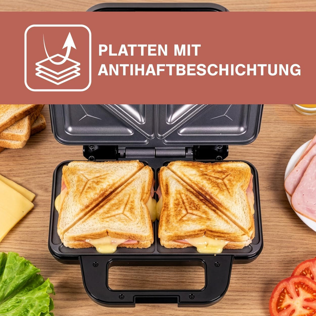 Sandwichmaker 900W, Sandwich Toaster mit Extra grossen Antihaftplatten 268×145 mm, Toastmaker für 2