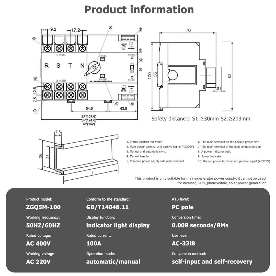 DEWIN Automatischer Transferschalter, 2P Dual Power Automatischer Transferschalter Ununterbrochener