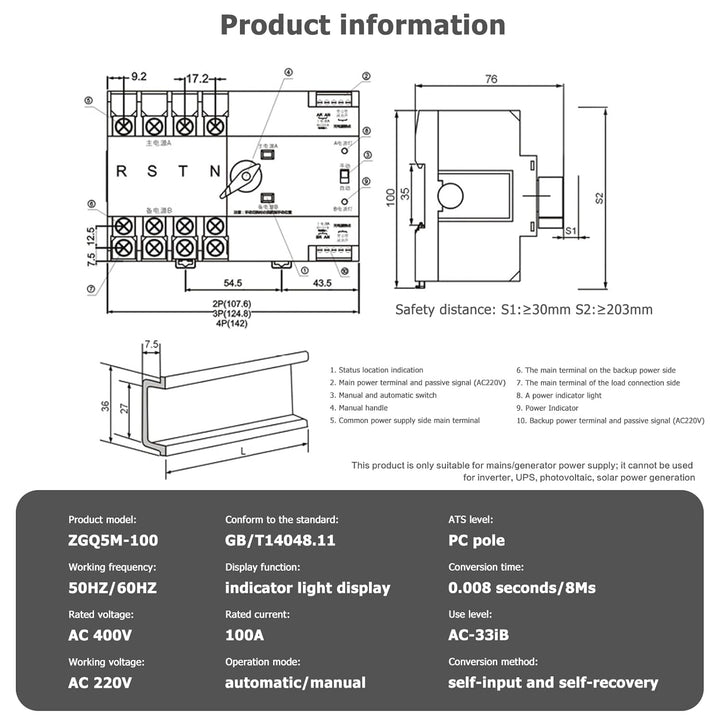 DEWIN Automatischer Transferschalter, 2P Dual Power Automatischer Transferschalter Ununterbrochener