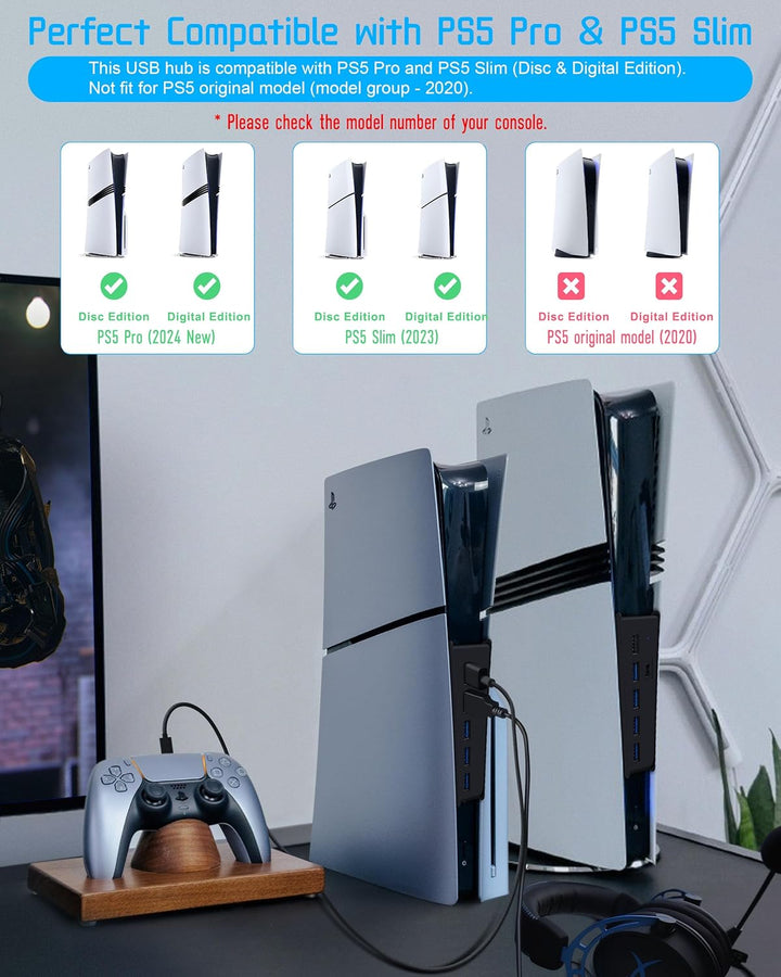Joso 6 Port USB Hub für PS5 Pro/Slim, USB High-Speed Expansion Hub Ladegerät Splitter Kompatibel mit