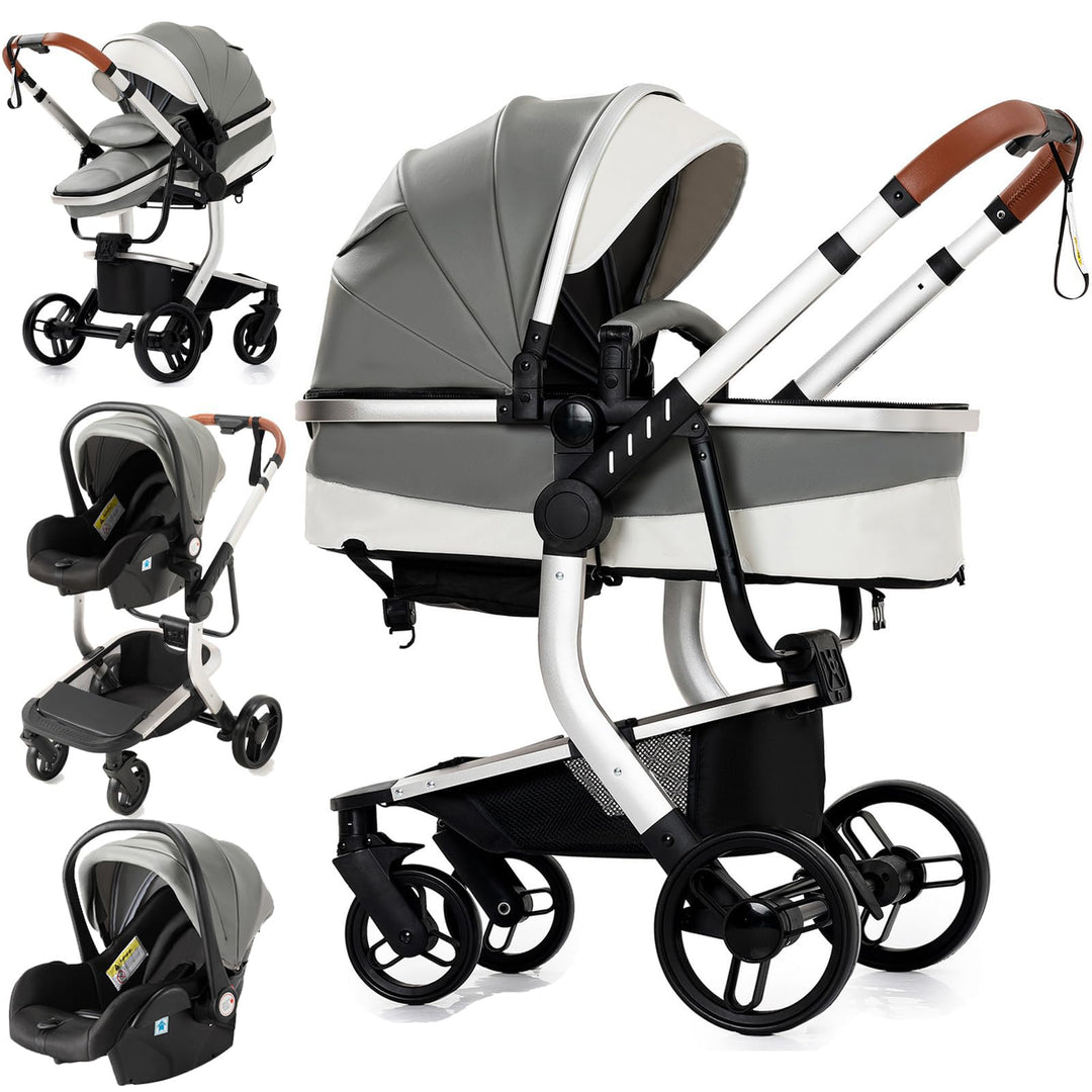 Reenborn PU-Leder Kinderwagen 3 in 1, Buggy mit Ein-Klick-Faltdesign Hohe Landschaft, Kinderwagen mi