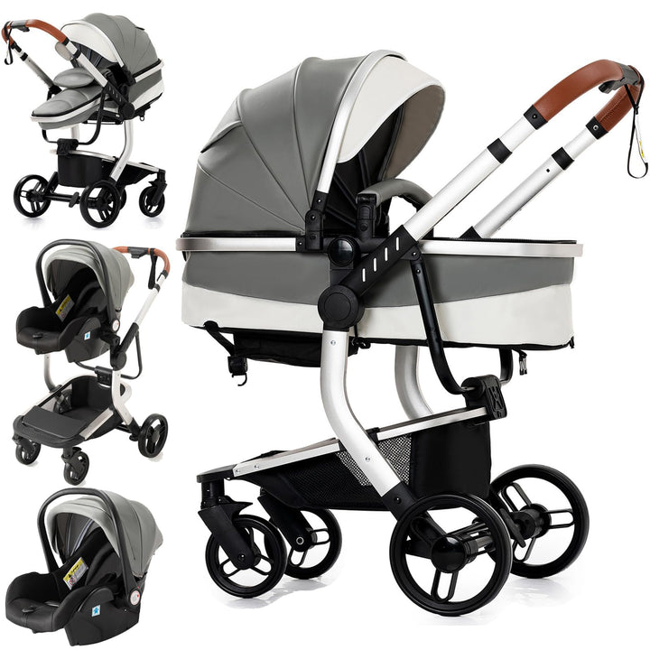 Reenborn PU-Leder Kinderwagen 3 in 1, Buggy mit Ein-Klick-Faltdesign Hohe Landschaft, Kinderwagen mi