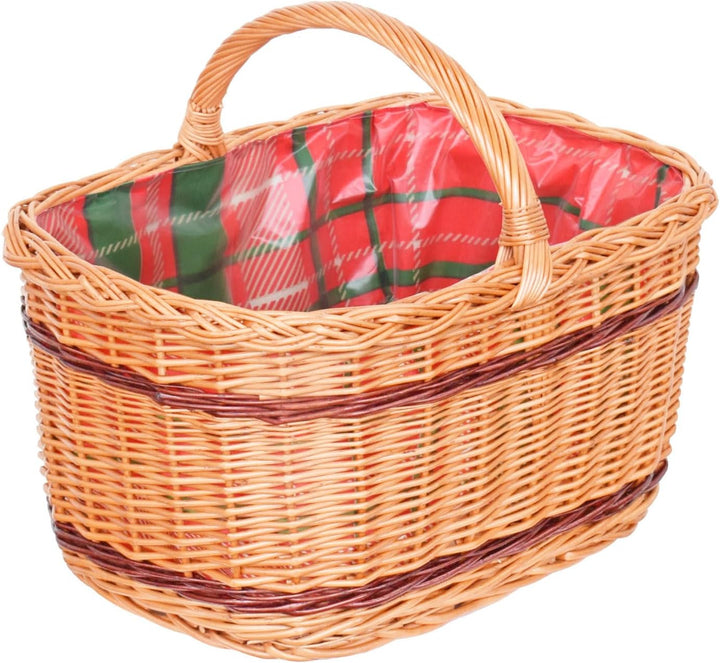 YULKA Weidenkorb handgeflochten Einkaufskorb mit Stoffeinlage Schottenkaro 45cm KZ45LEK