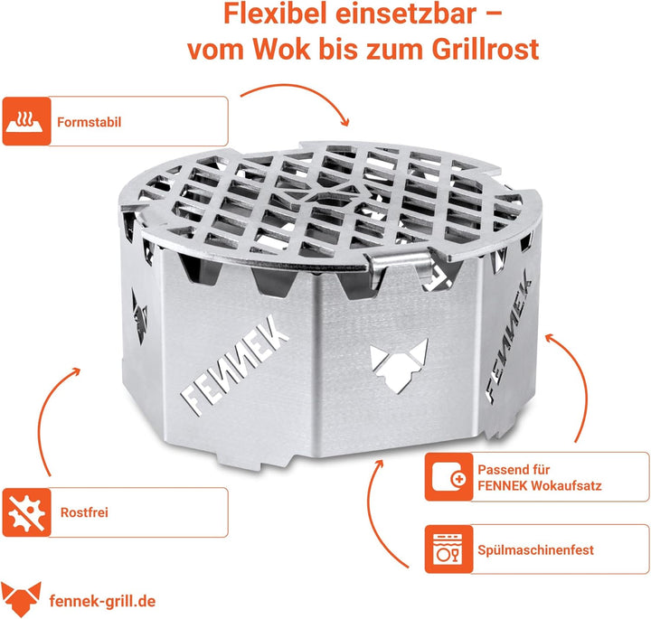 FENNEK Grillrost für Wok Aufsatz und Feuerplatte mit Loch Ø 20 cm | aus massivem 4,0 mm Edelstahl |