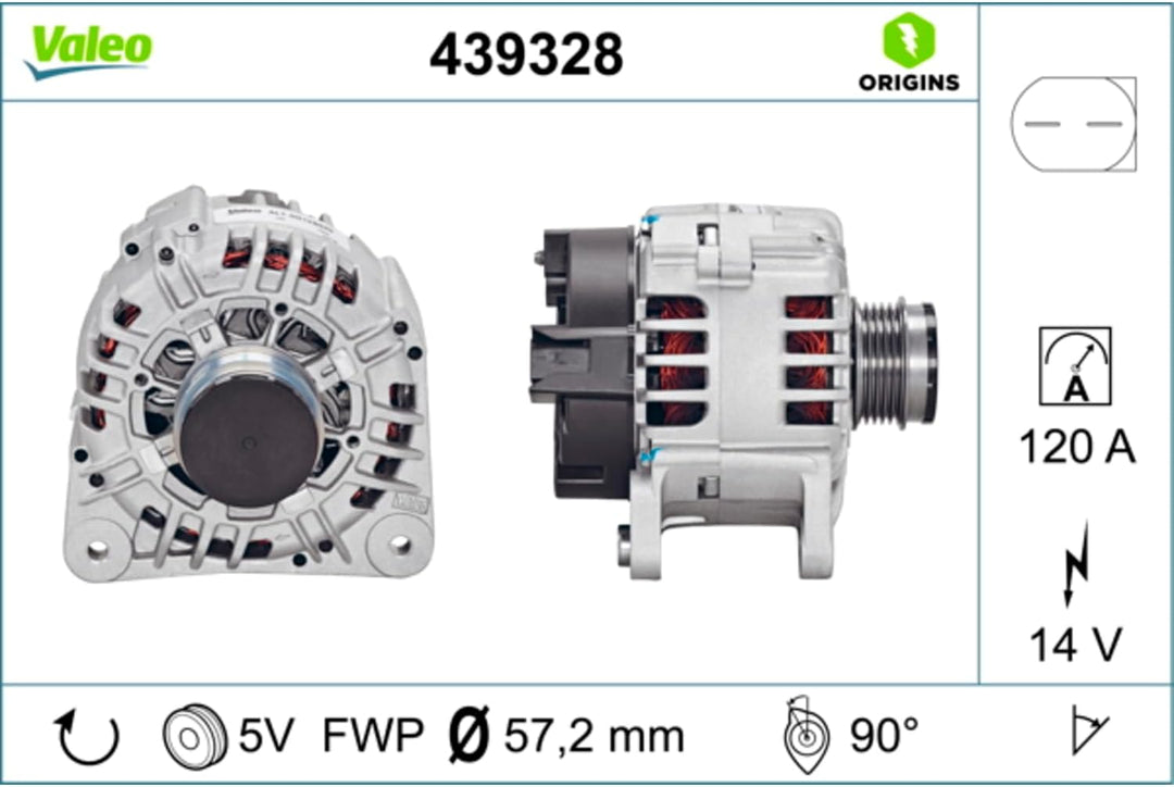 VALEO 439328 Generator Ladestrom des Generators: 120 Amp Rippen: 5 rippen Riemenscheibe Ø: 57,2 mm S