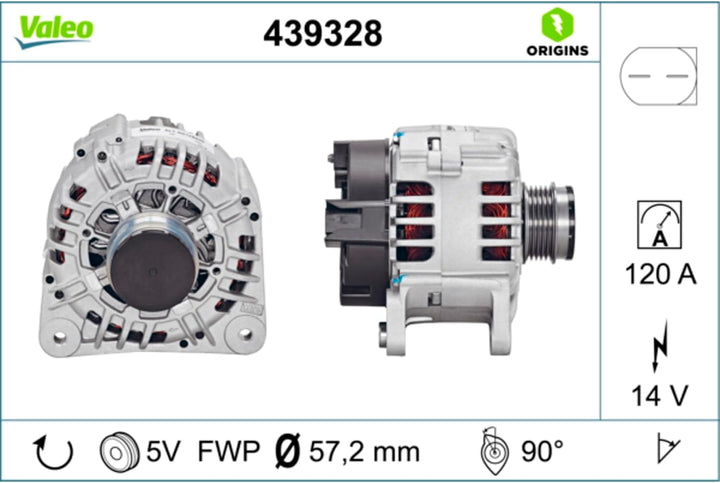 VALEO 439328 Generator Ladestrom des Generators: 120 Amp Rippen: 5 rippen Riemenscheibe Ø: 57,2 mm S