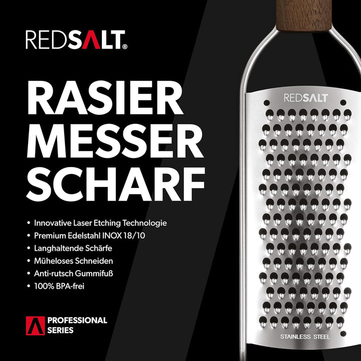 REDSALT® Premium Parmesanreibe mit Holzgriff | rasiermesserscharfe Profi Julienne Edelstahl Reibe fü