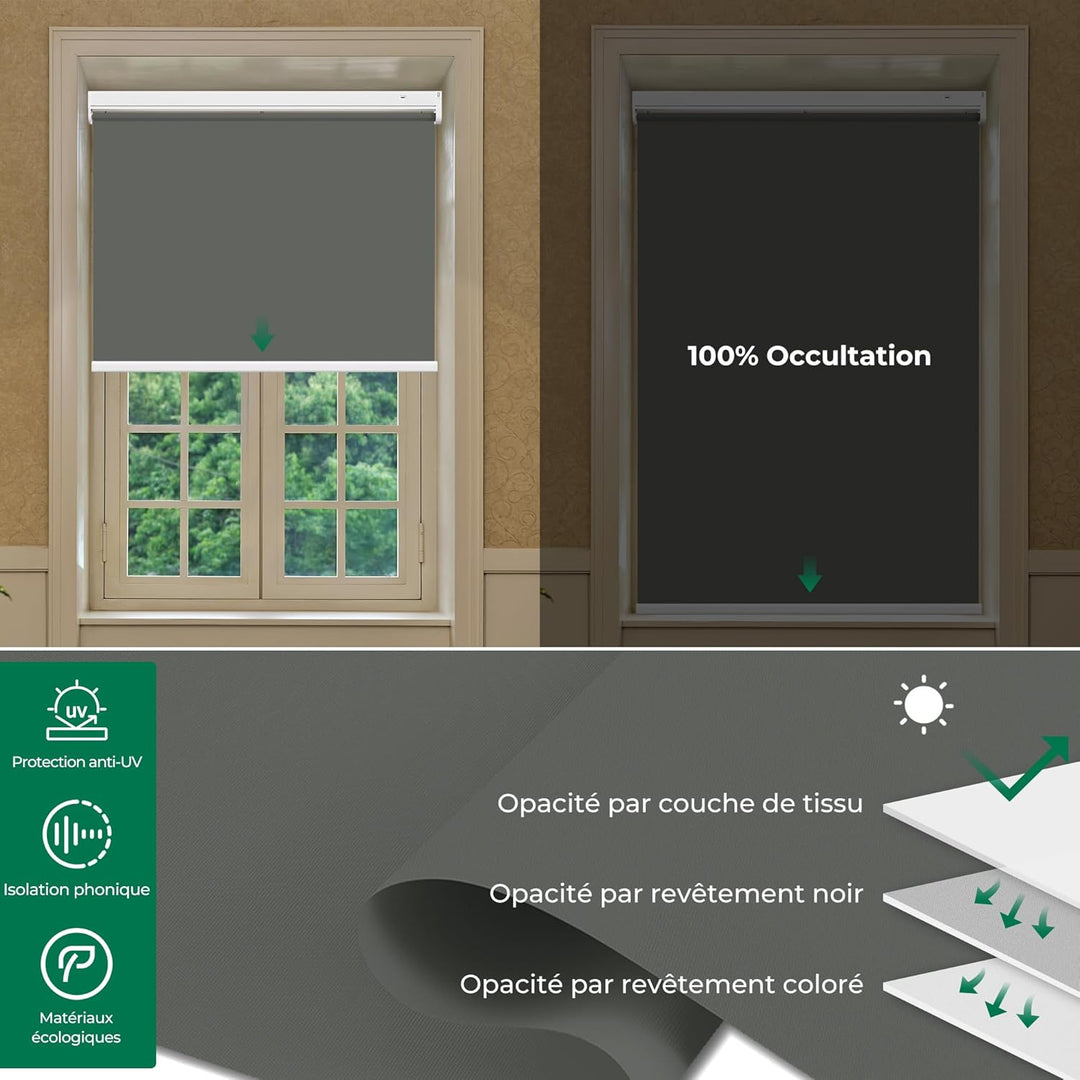 Allesin Wiederaufladbare Verdunklungsrollo ohne Bohren, (45x100cm,Anthrazit) Elektrische Rollo Innen