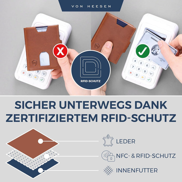 VON HEESEN Slim Wallet mit XXL Münzfach & RFID-Schutz - Leder Geldbeutel - Mini Geldbörse für Herren