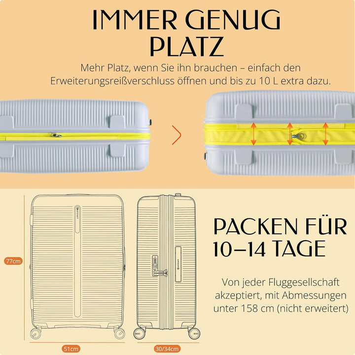 Eminent Finno Koffer Gross 77x51x30 cm, Erweiterbar, Hartschalenkoffer, 4 Rollen, Leicht, TSA Schlos