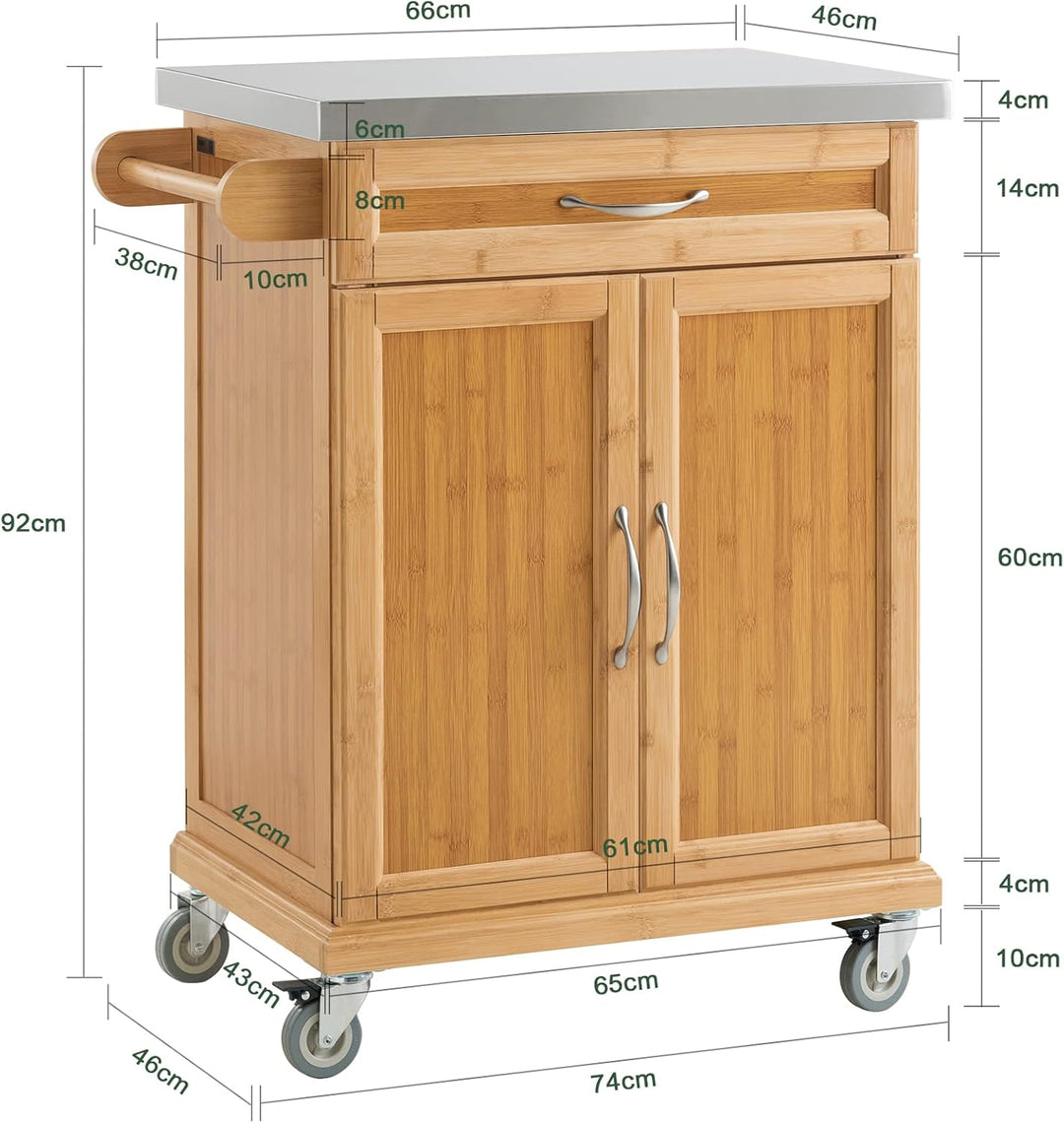 SoBuy FKW13-N Küchenwagen aus hochwertigem Bambus mit Edelstahltop Kücheninsel Küchenschrank Rollwag