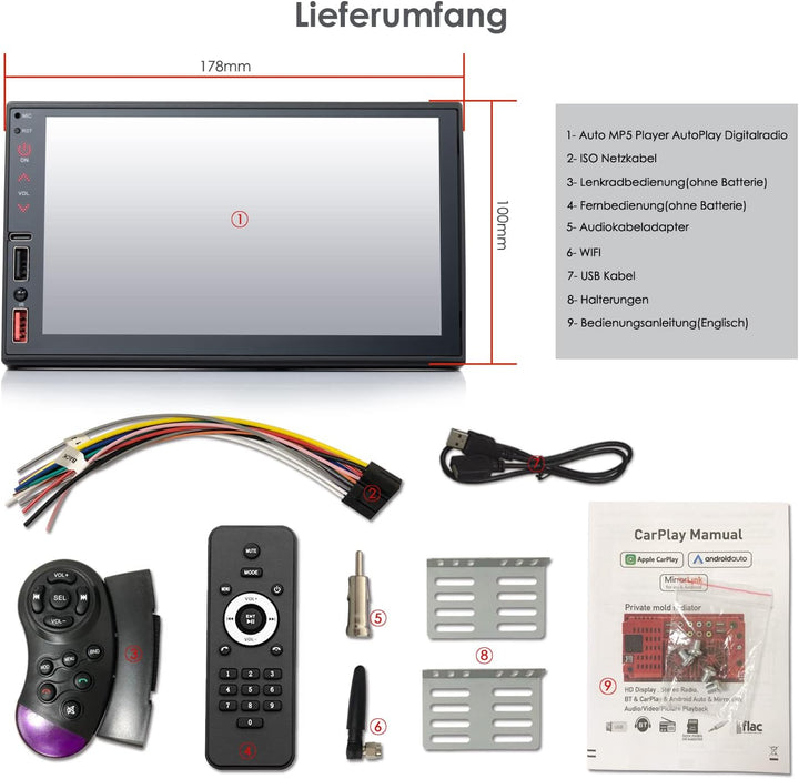Doppel Din Autoradio mit Wireless CarPlay & Wireless Android Auto, Autoradio Bluetooth, Autoradio mi