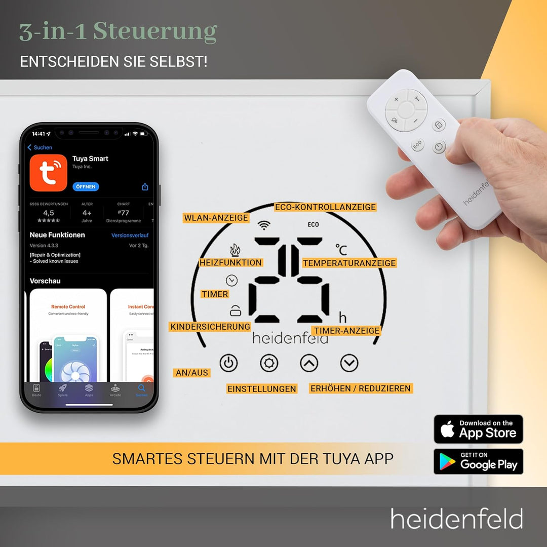 Heidenfeld Infrarotheizung HF-HP140 | 800 Watt bis 20 m² | 3in1 Steuerung via App | Fernbedienung |