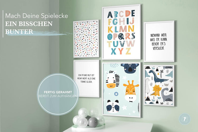 Papierschmiede® Bilder Kinderzimmer Kids Mood Poster Set ABC Dino Safari, Gerahmte Bilder fürs Kinde