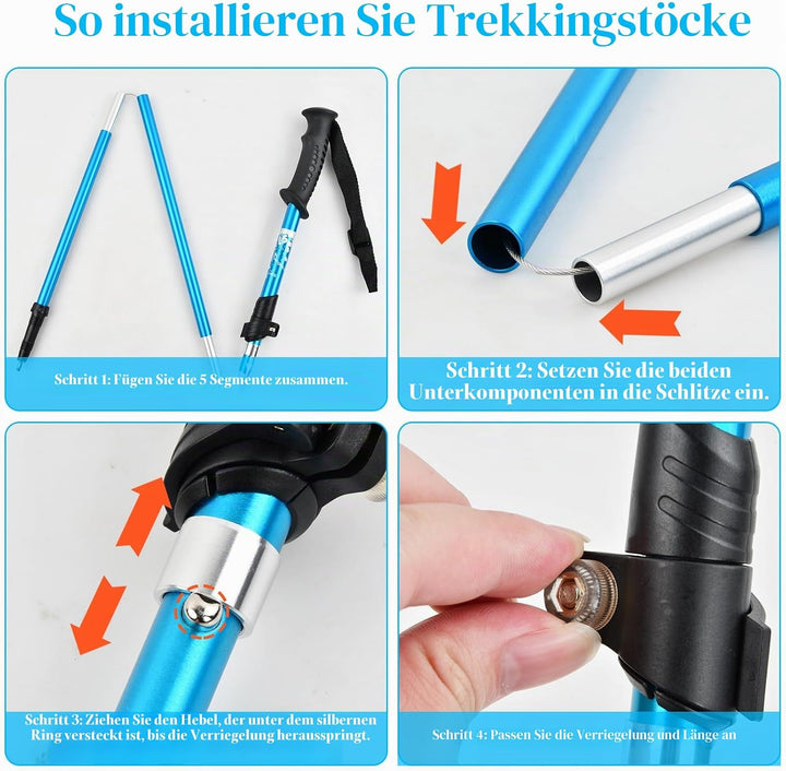 Wanderstöcke Faltbar, Wanderstöcke Teleskop Verstellbar 110-130 cm, Nordic Walking Stöcke Damen und