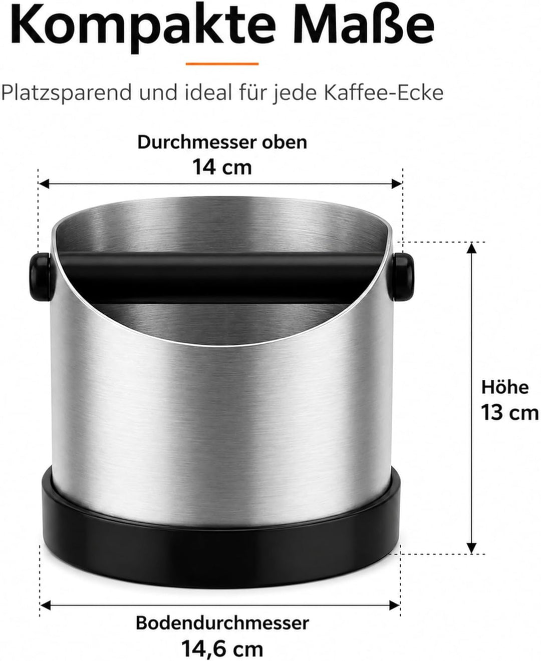 URMONA Siebträger-Abklopfbehälter 1,3L Edelstahl Knock Box Kaffeezubehör | Farbvariante Silber, abne