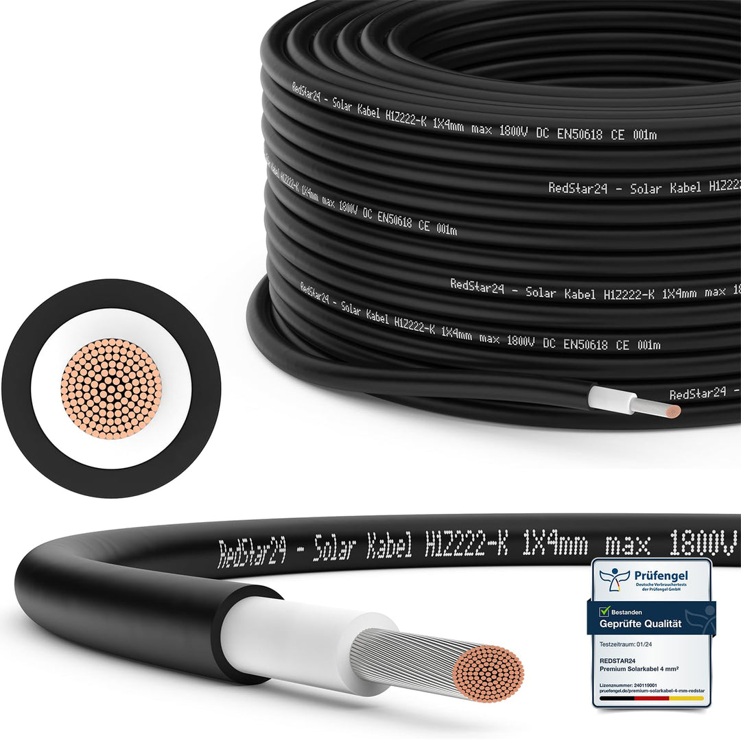 RedStar24 Premium Solarkabel 4mm² Schwarz - 30m - TÜV-zertifiziert - UV-beständig, flexibel, Photovo