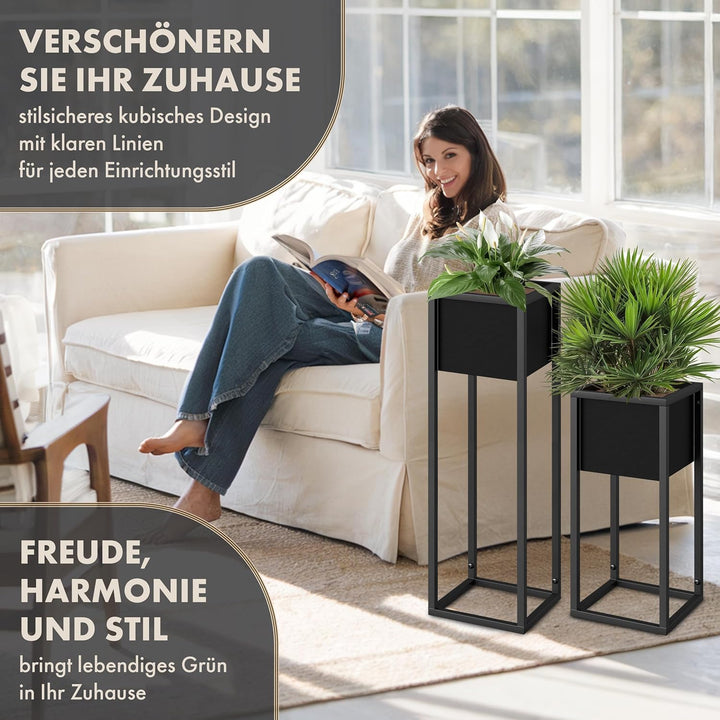 Blumenständer CUBIX DUO 2er Set - Pflanzenständer Metall schwarz 50 und 70 cm hoch - Design Blumento