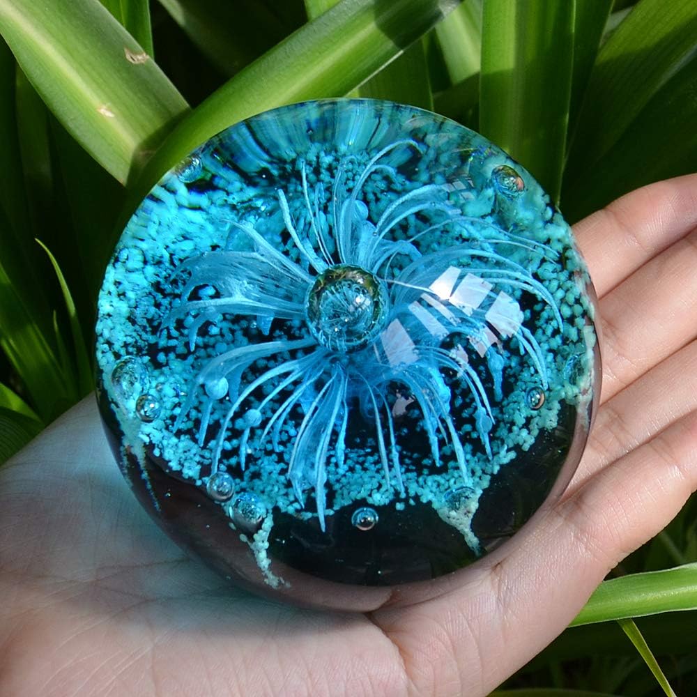EUSTUMA Glas Blau Blume Kugel Figur, Briefbeschwerer Glaskugel, Meer Pflanze Ornament Für Fisch Tank