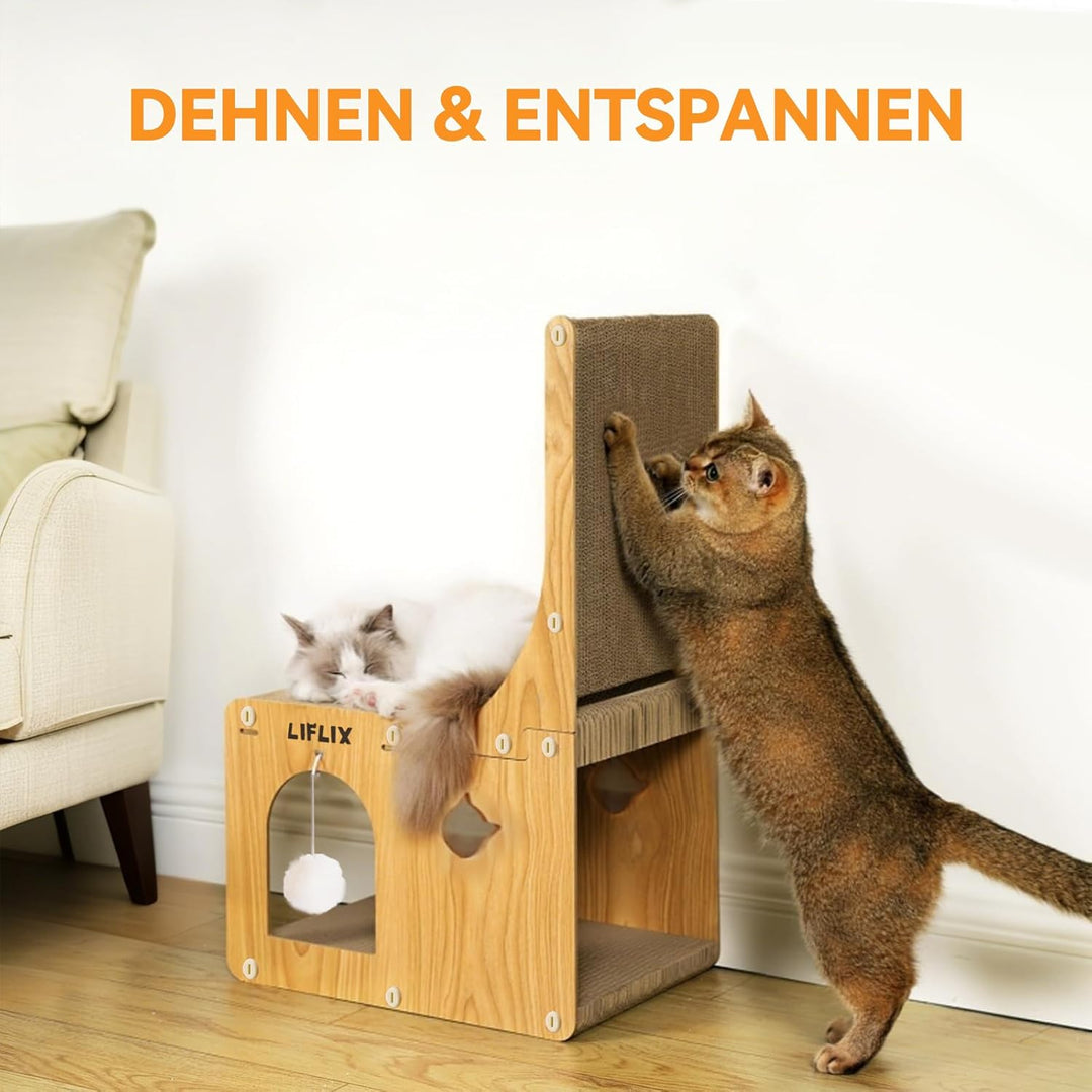 LIFLIX L-förmiges Doppelschicht Kratzbrett für Katzen, 67cm Kratzpappe mit Katzenhaus zum Kratzen Ve
