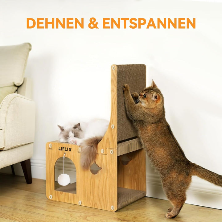 LIFLIX L-förmiges Doppelschicht Kratzbrett für Katzen, 67cm Kratzpappe mit Katzenhaus zum Kratzen Ve