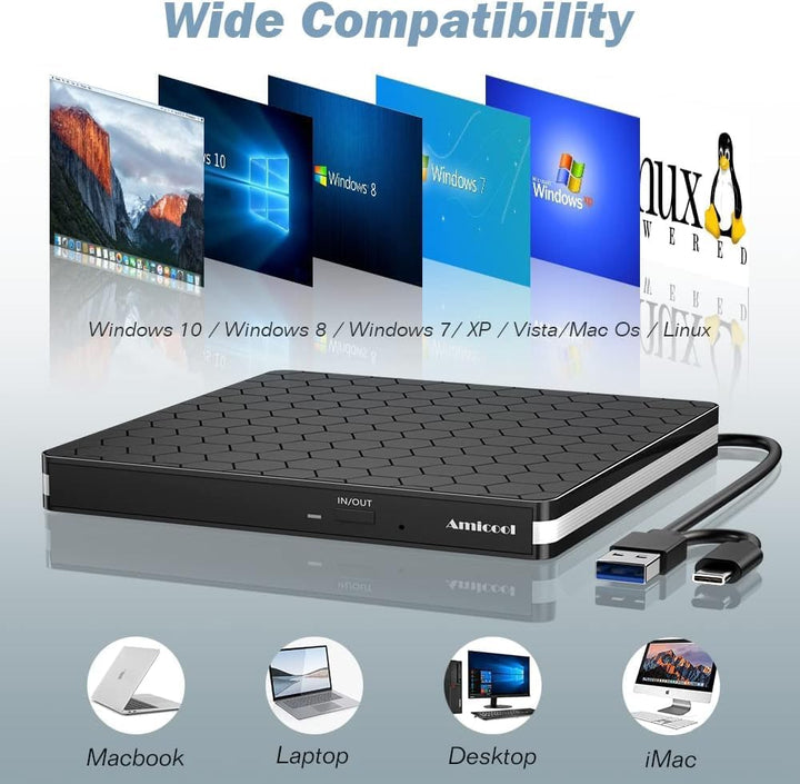 External DVD Drive, Amicool USB 3.0 Type-C CD DVD +/-RW Optical Drive USB C Burner Slim CD/DVD ROM R