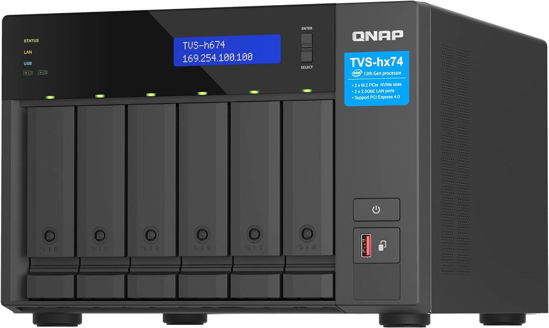 Qnap TVS-h674-i3-16G Intel Core i3 Prozessor, 16 GB RAM, PCIe Gen 4, Schwarz, 6 Bay
