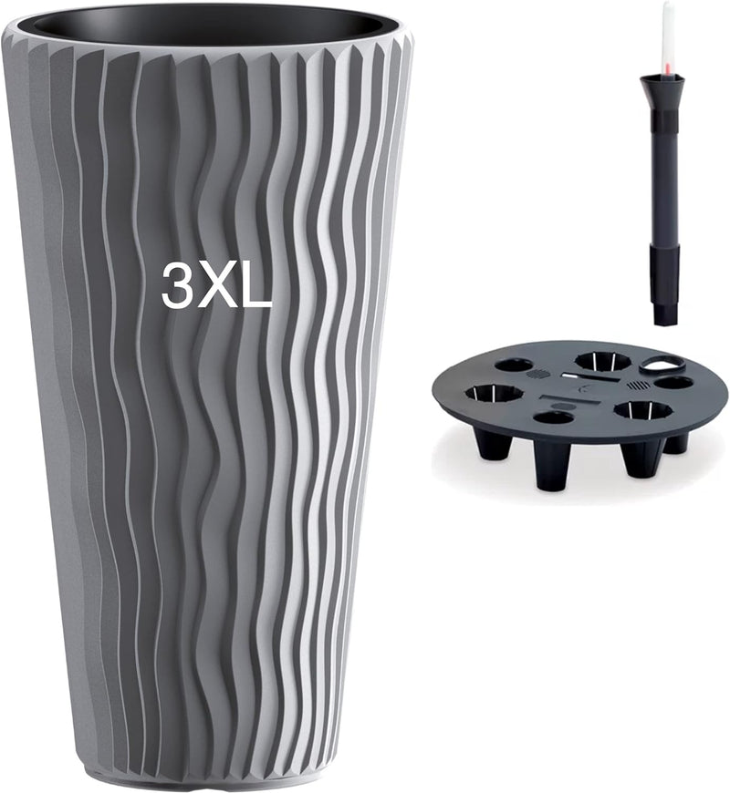 MELTOM Blumentopf mit Bewässerungssystem vertikaler Wellenoptik Einsatz Hoch 3D Effekt in Grau 3XL: