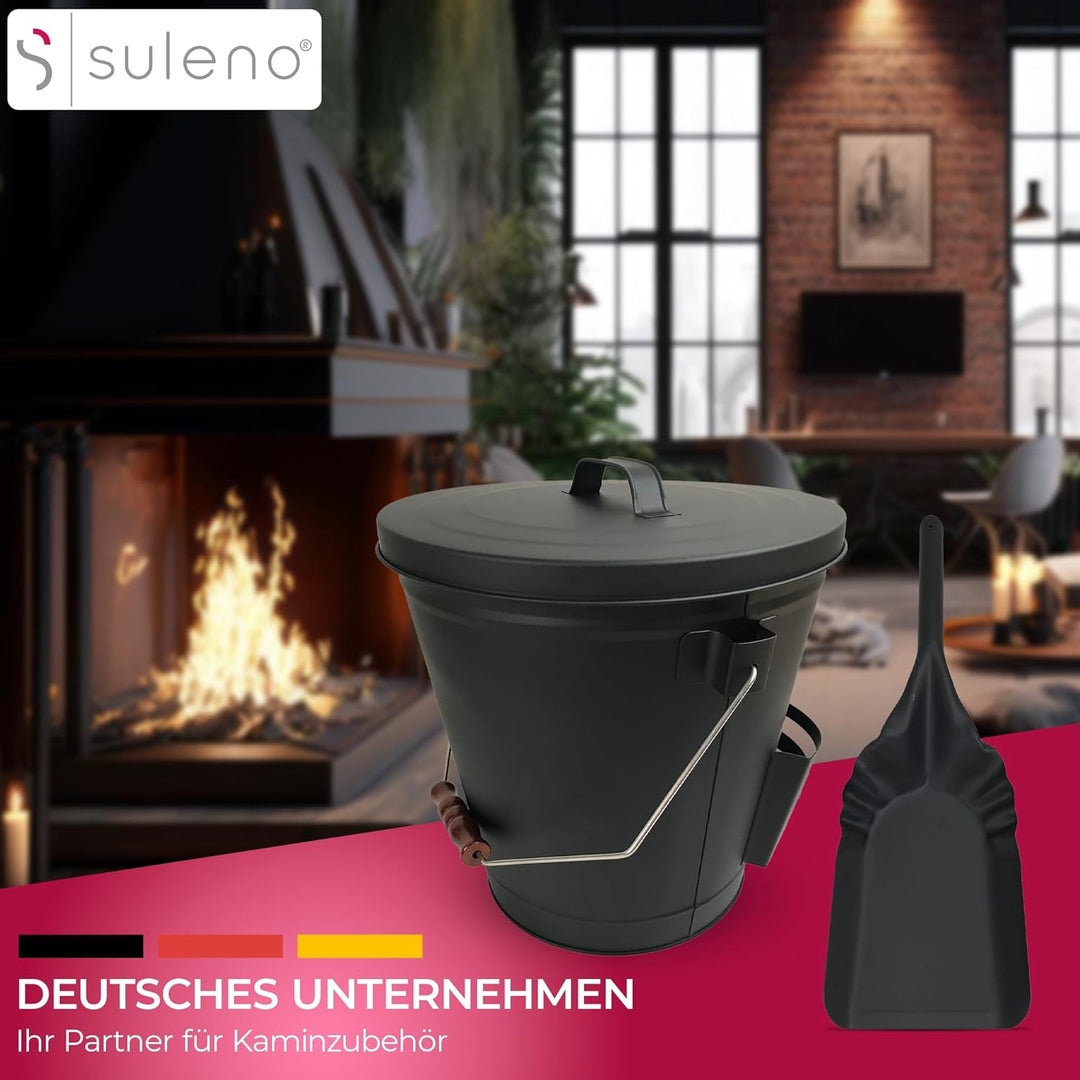 SULENO - Ascheeimer BOSTON mit Deckel 35x32cm 19 Liter, inkl. Schaufel, Stahl schwarz, Kohleeimer mi