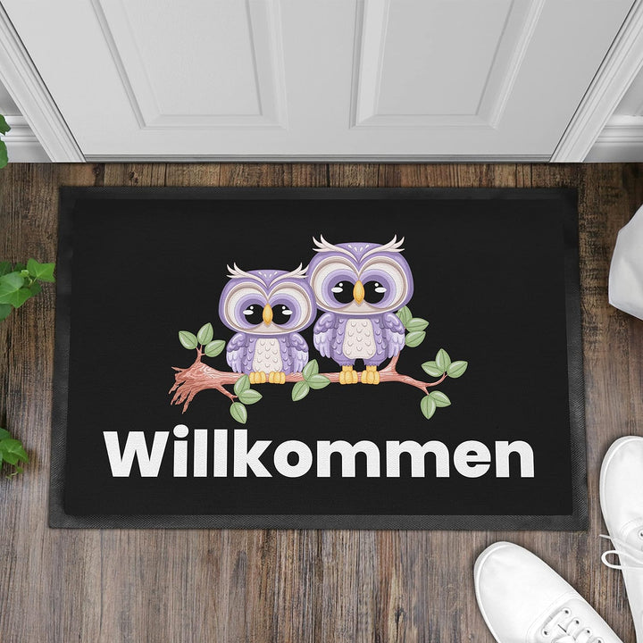 Trendation - Willkommen Eulen Grafik Fussmatte Geschenk Schöne Fussmatte Aussen und Innenbereich 60x