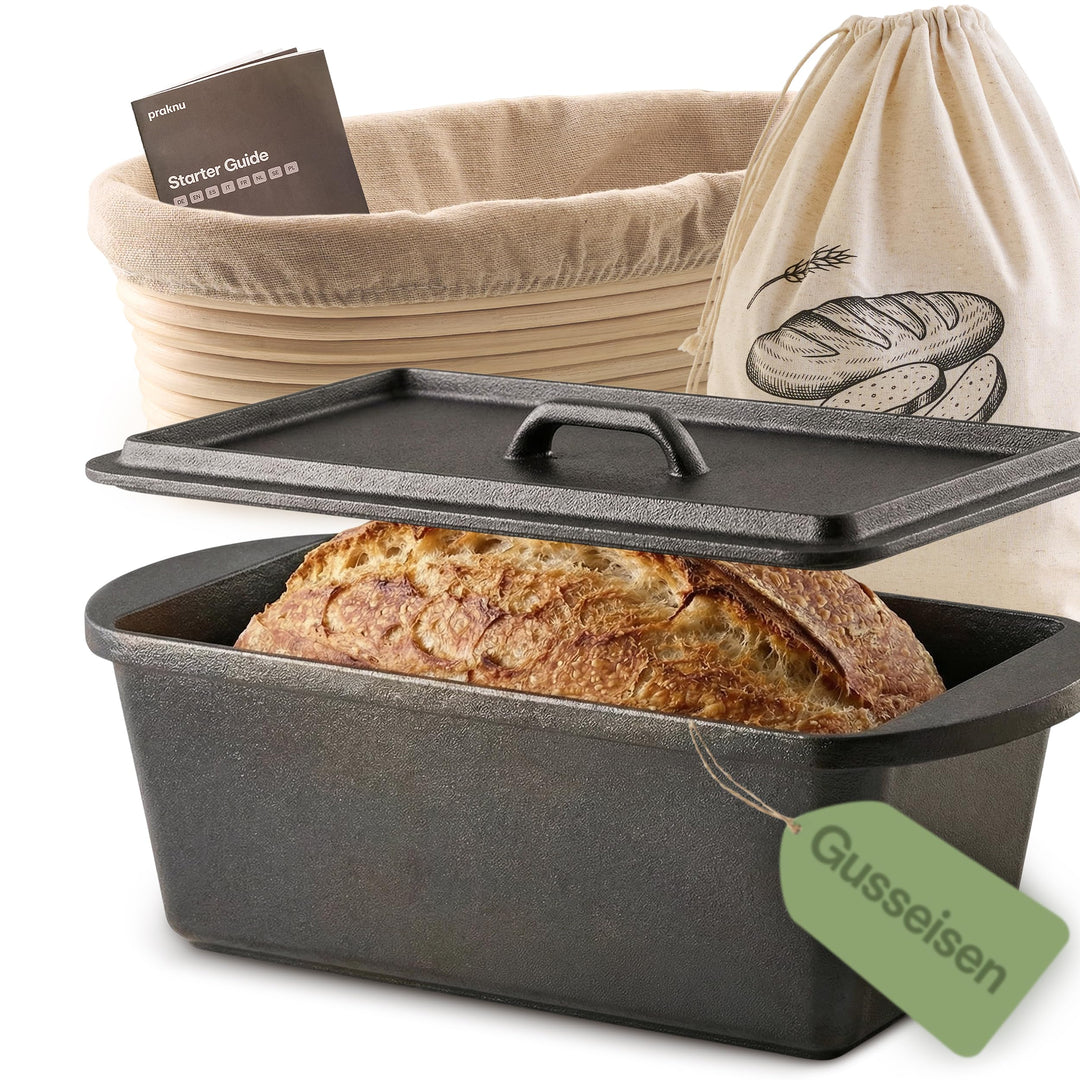 Praknu Gusseisen Topf für Brot Backen Set - 28cm Brotbacktopf mit Gärkorb und Brotbeutel – Bräter mi