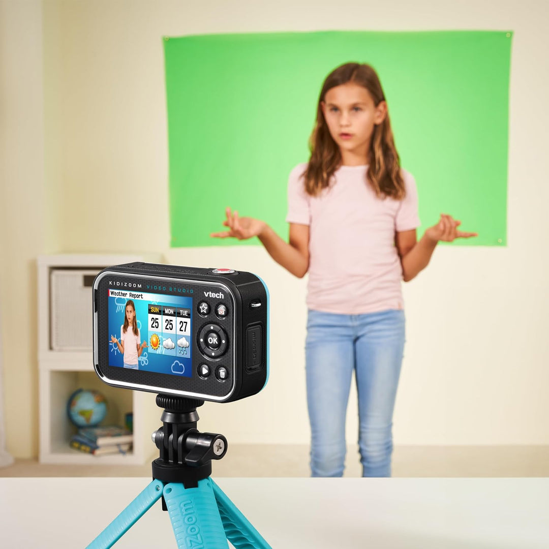 VTech Kidizoom Video Studio HD blau – Kinderkamera mit Greenscreen, Stativ, Effekten, Selfielinse un