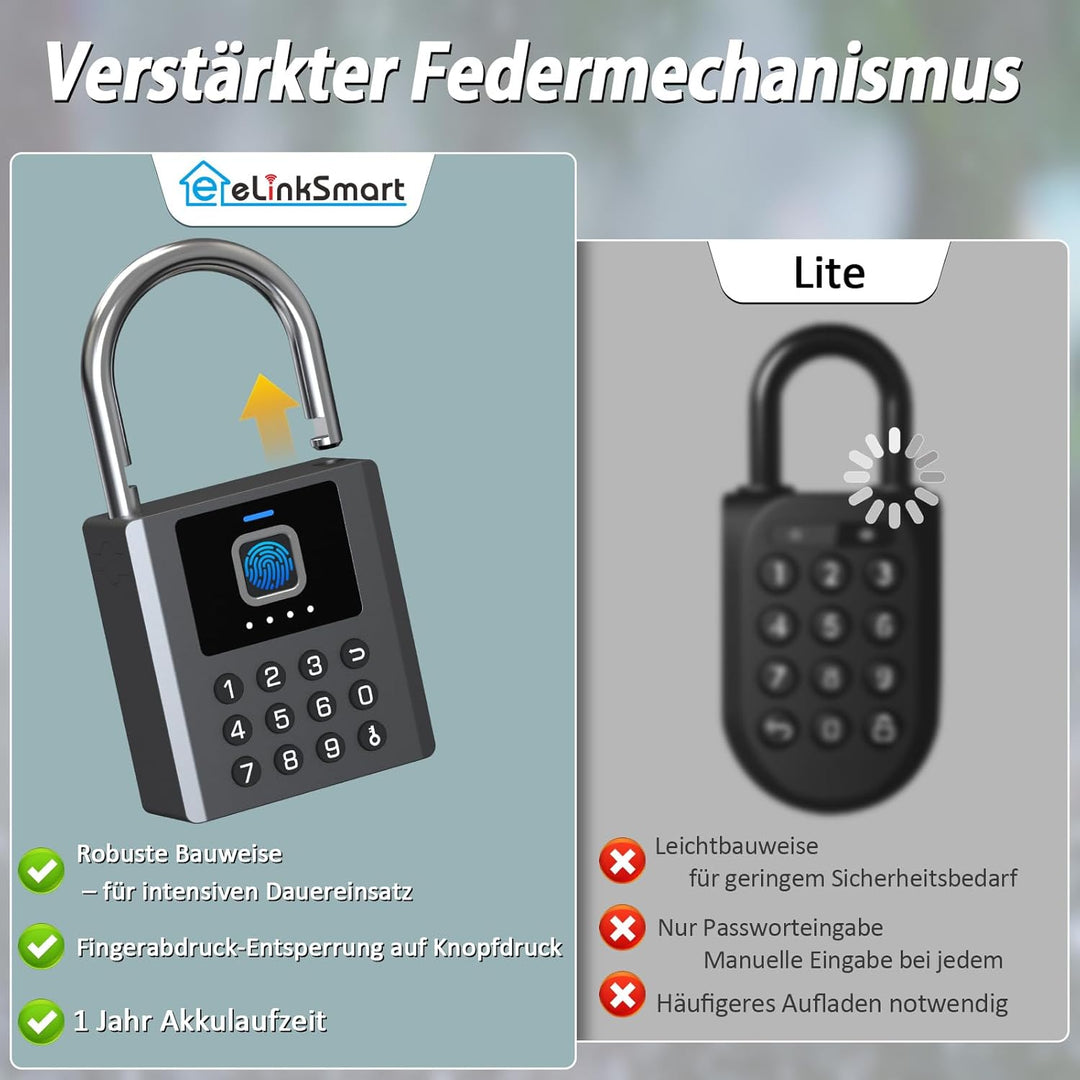 Fingerabdruck Vorhängeschloss Outdoor eLinkSmart Zahlenschloss mit 9-Tasten-Code, Bluetooth App-Steu