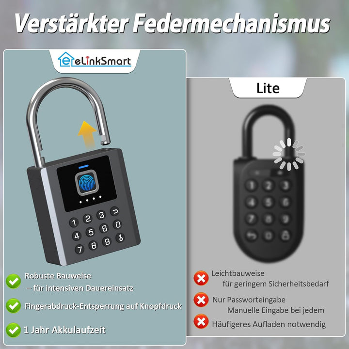 Fingerabdruck Vorhängeschloss Outdoor eLinkSmart Zahlenschloss mit 9-Tasten-Code, Bluetooth App-Steu