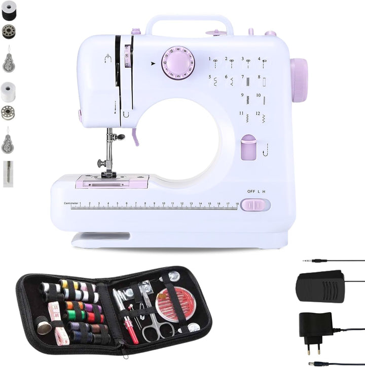 Nähmaschine mit + Nähset, 2 Geschwindigkeiten und 12 Stichen, Fusspedal, 2 Spulen, Ersatznadel, Fade