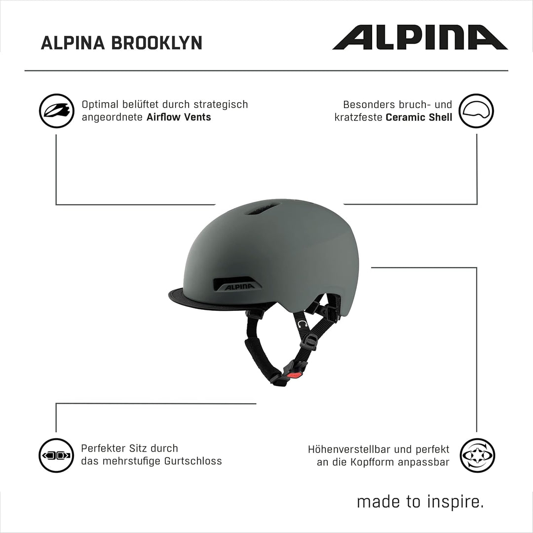 ALPINA BROOKLYN - Beleuchteter, Robuster und Komfortabler Urban Fahrradhelm Mit LED-Licht Für Erwach