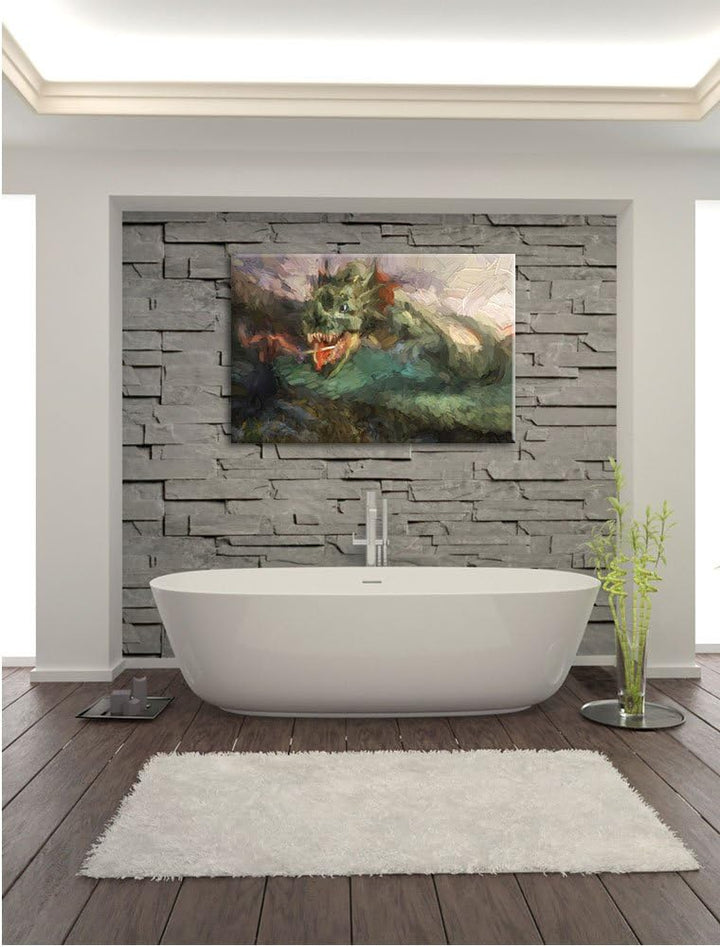 Pixxprint Drache kämpft gegen Krieger als Leinwandbild/Grösse: 100x70 cm/Wandbild/Kunstdruck/fertig